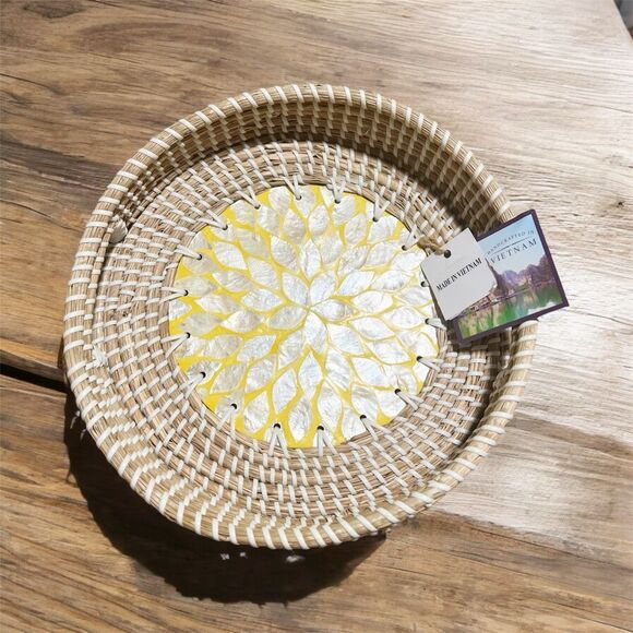 Anthropologie Halinh Rattan & Bamboo Seagrass Round Tray Nacre Base Handmade NWT - Picture 8 of 8